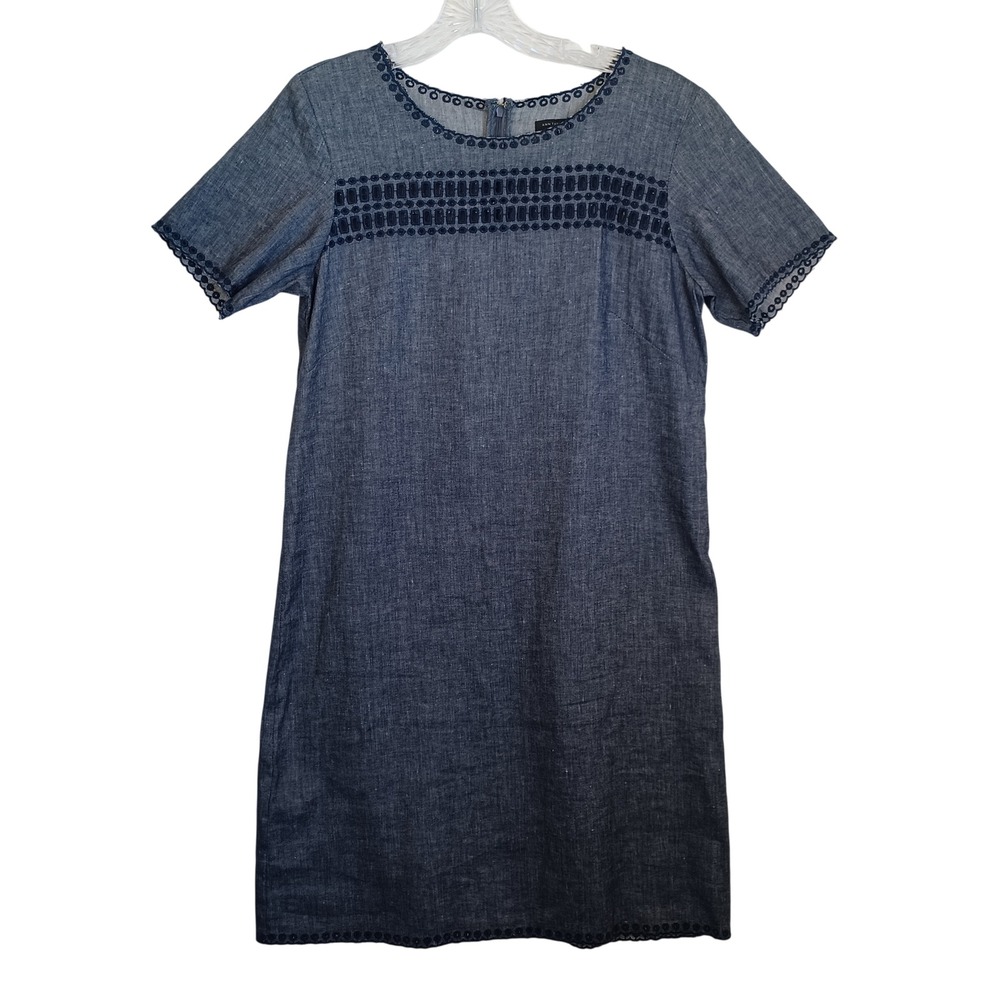 Ann Taylor Women Blue Linen Cotton Eyelet Embroidered Shift Dress Size 8T